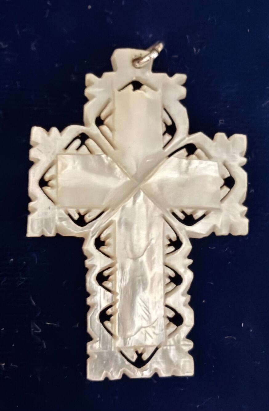 Vintage Ornate Carved Mother of Pearl MOP Shell Religious Cross Pendant 1.5 x 1